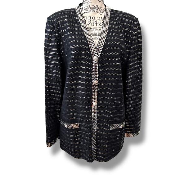 Vintage St John Evening Size 14 Black Knit Crystal Embellished Blazer Jacket USA - Picture 1 of 8
